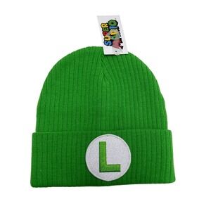 Luigi Green Beanie Super Mario Bros Cuffed Knit Skull Cap Adult Cosplay Costume